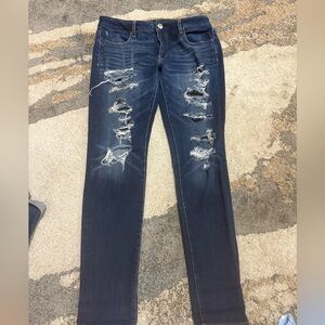American Eagle Outfitters Dark Blue Distressed Skinny Jeans Size 12 Long